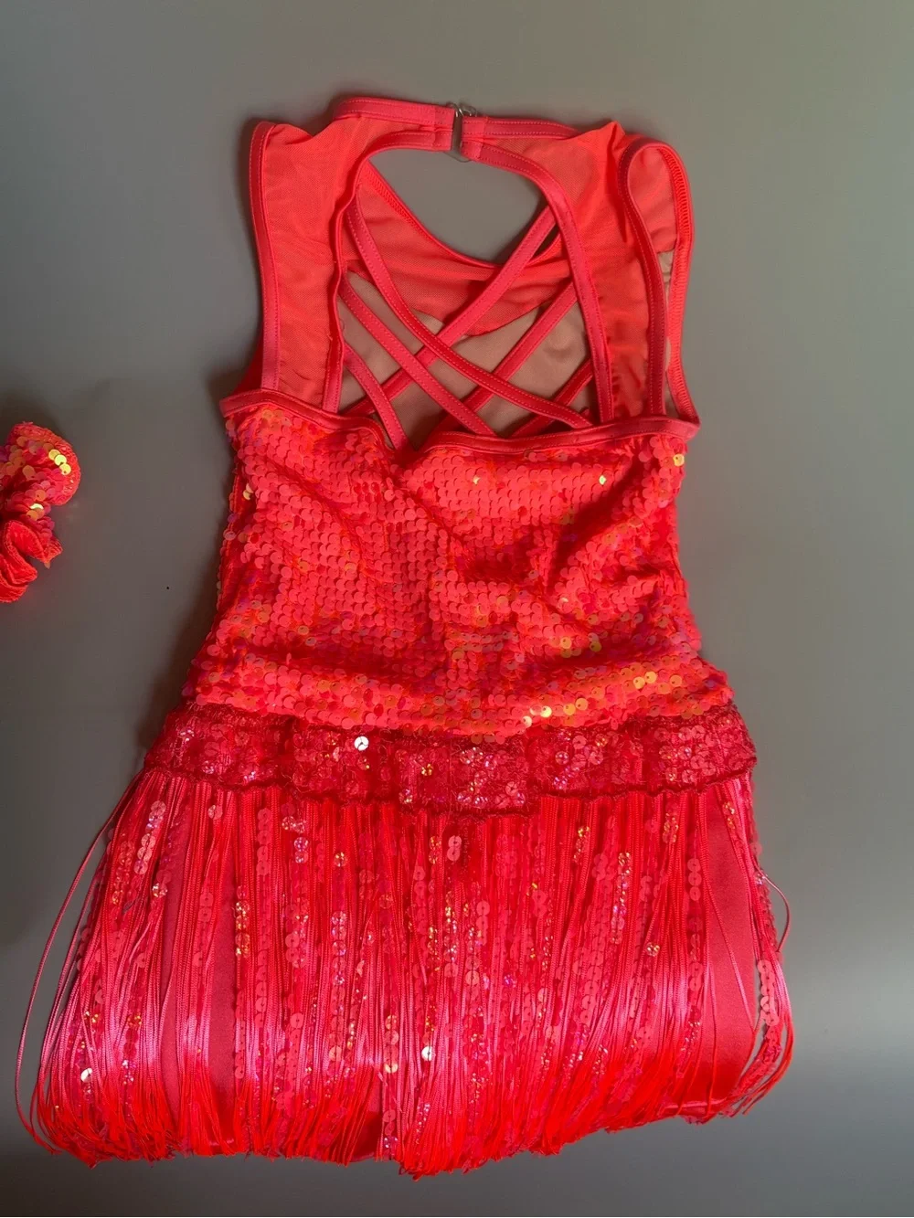 Weissman Hot Pink Red Sequin Fringe Dance Costume with Scrunchie